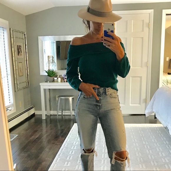 Tops - Dark green off the shoulder shirt sweater